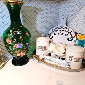 Vintage Norleans Italian Made Floral 24K Gold Trim Handpainted Green Vase 16"